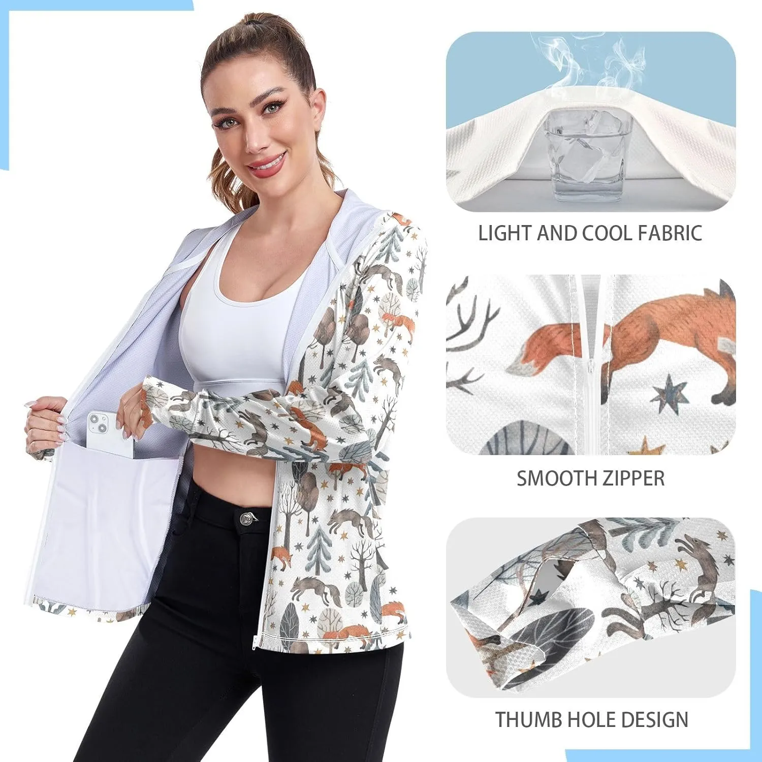 Women'S UPF 50  Uv Sun Protection Clothing Fox Zipper Jacket Long-Sleeved Hoodie