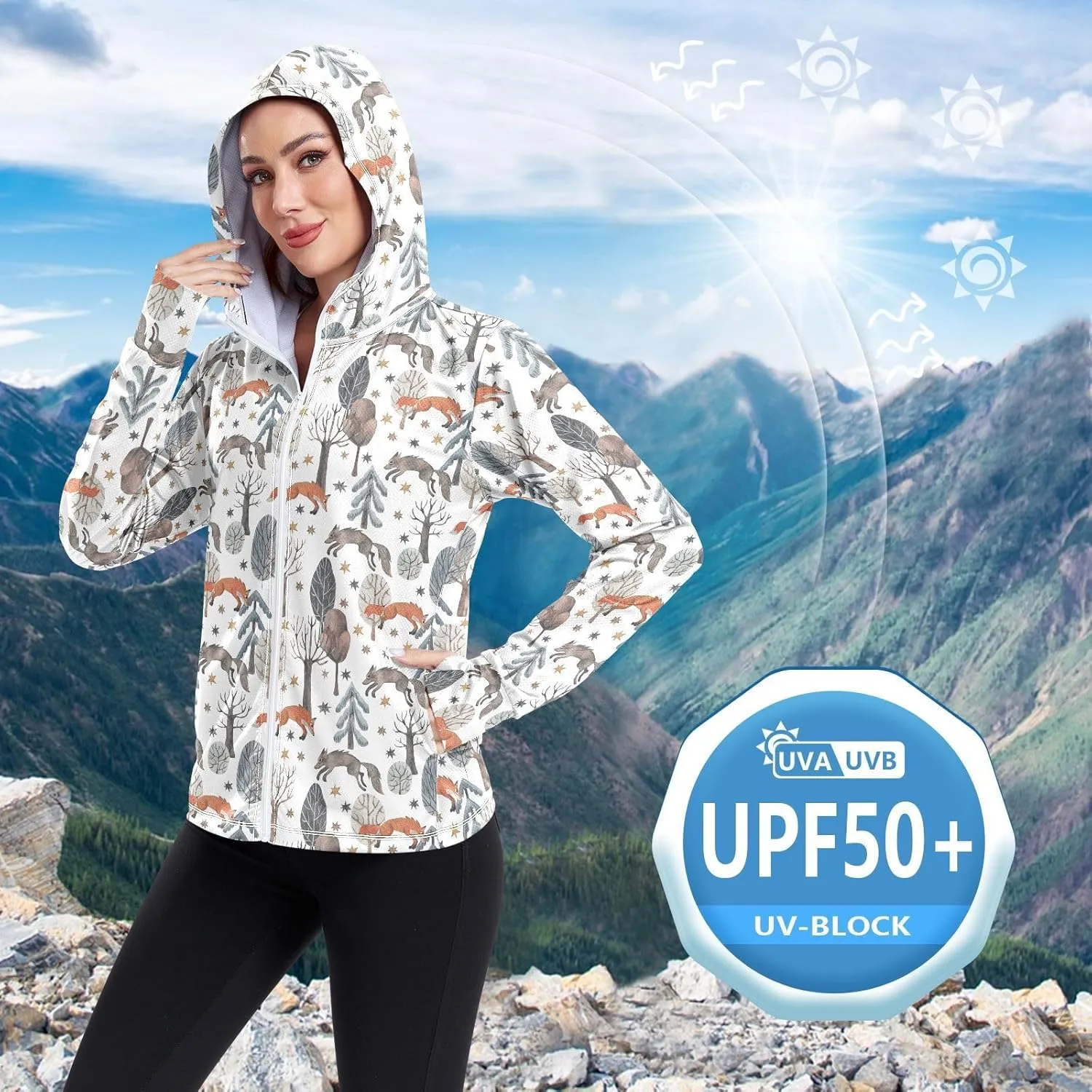 Women'S UPF 50  Uv Sun Protection Clothing Fox Zipper Jacket Long-Sleeved Hoodie