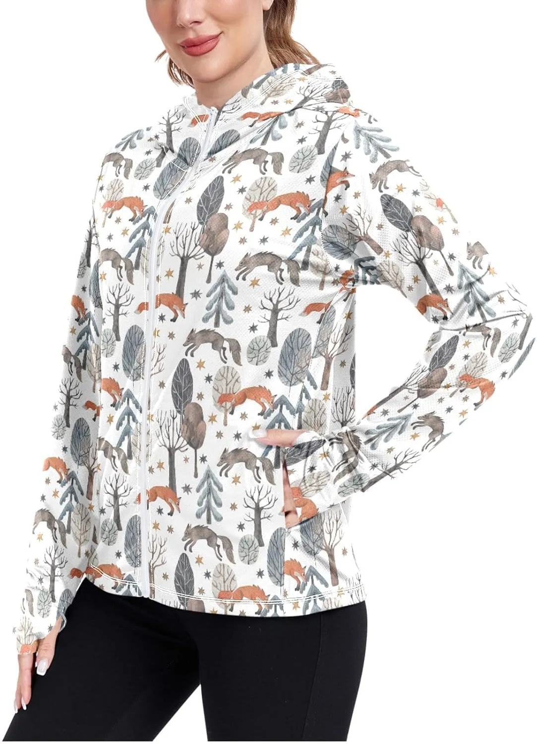 Women'S UPF 50  Uv Sun Protection Clothing Fox Zipper Jacket Long-Sleeved Hoodie