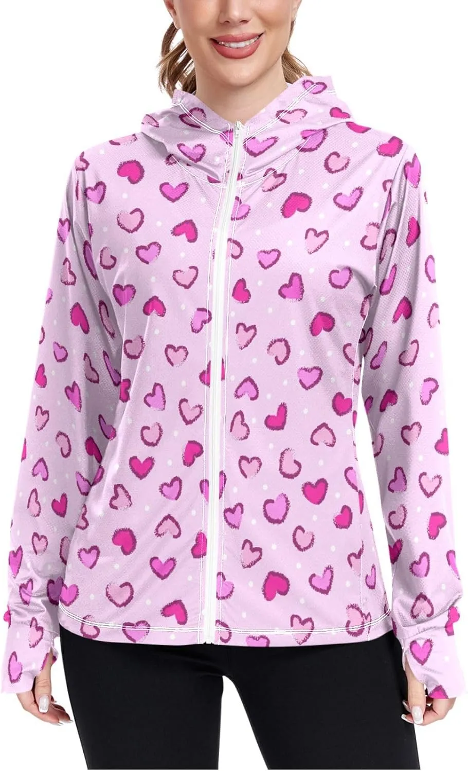 Women'S UPF 50  Uv Sun Protection Clothing Heart Zipper Jacket Long-Sleeved Hoodie