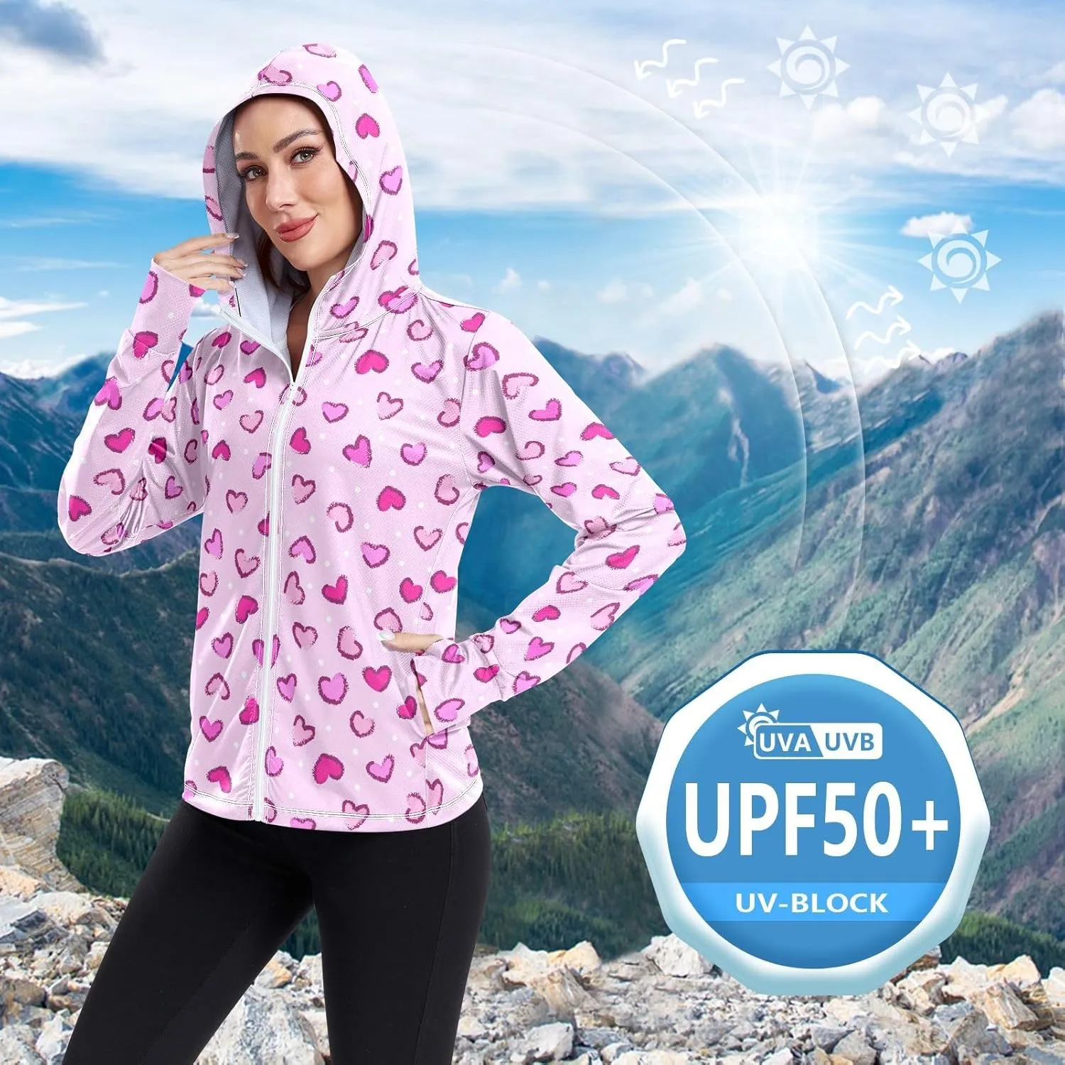 Women'S UPF 50  Uv Sun Protection Clothing Heart Zipper Jacket Long-Sleeved Hoodie