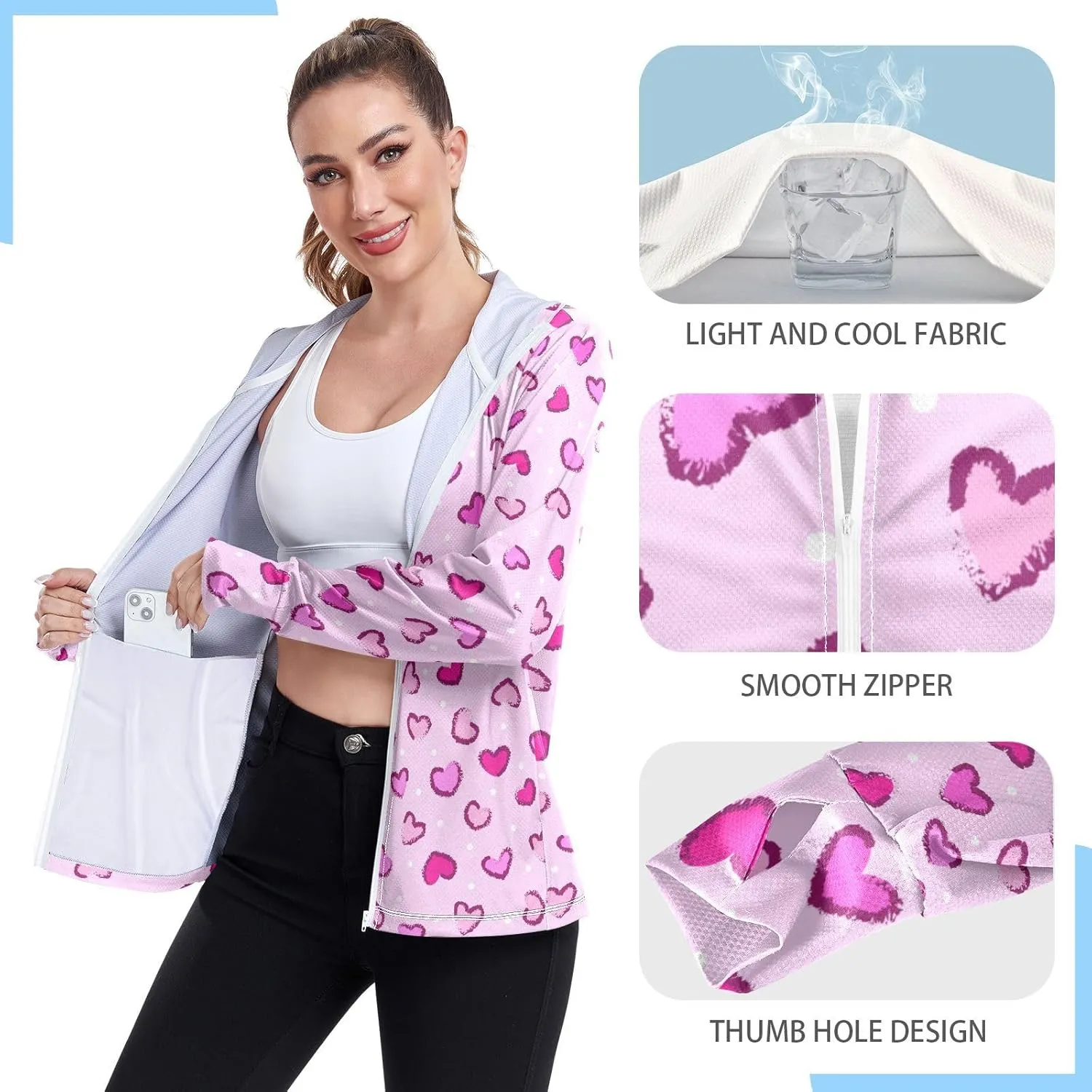 Women'S UPF 50  Uv Sun Protection Clothing Heart Zipper Jacket Long-Sleeved Hoodie