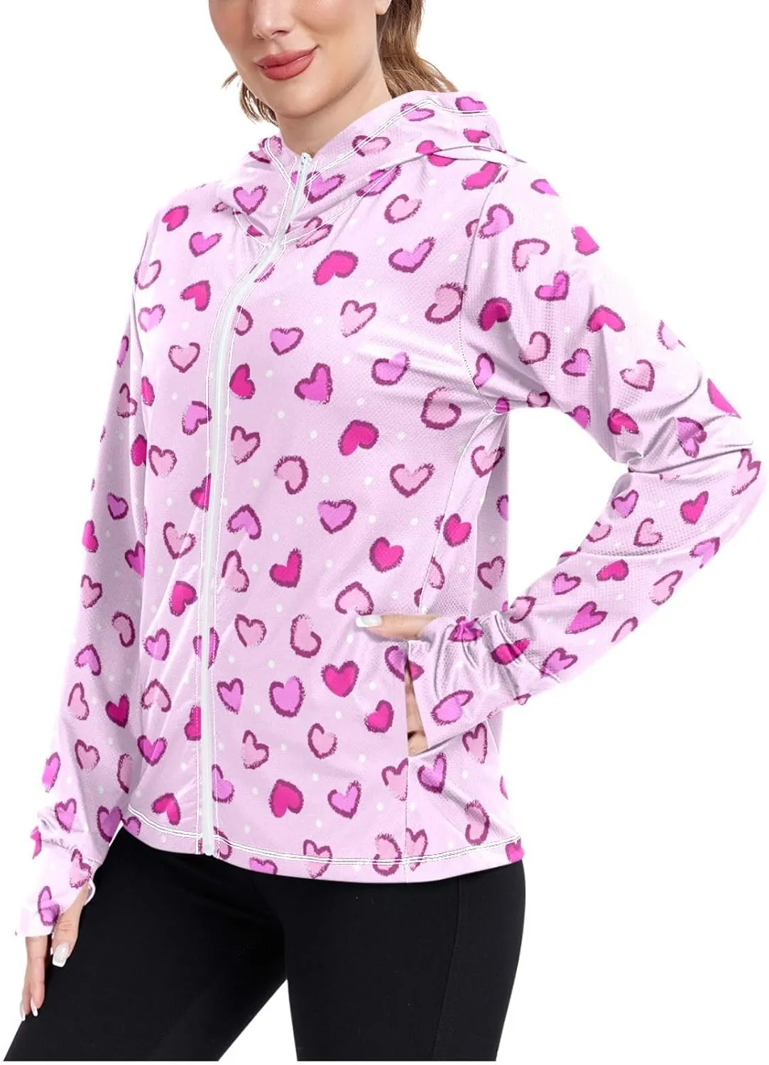Women'S UPF 50  Uv Sun Protection Clothing Heart Zipper Jacket Long-Sleeved Hoodie