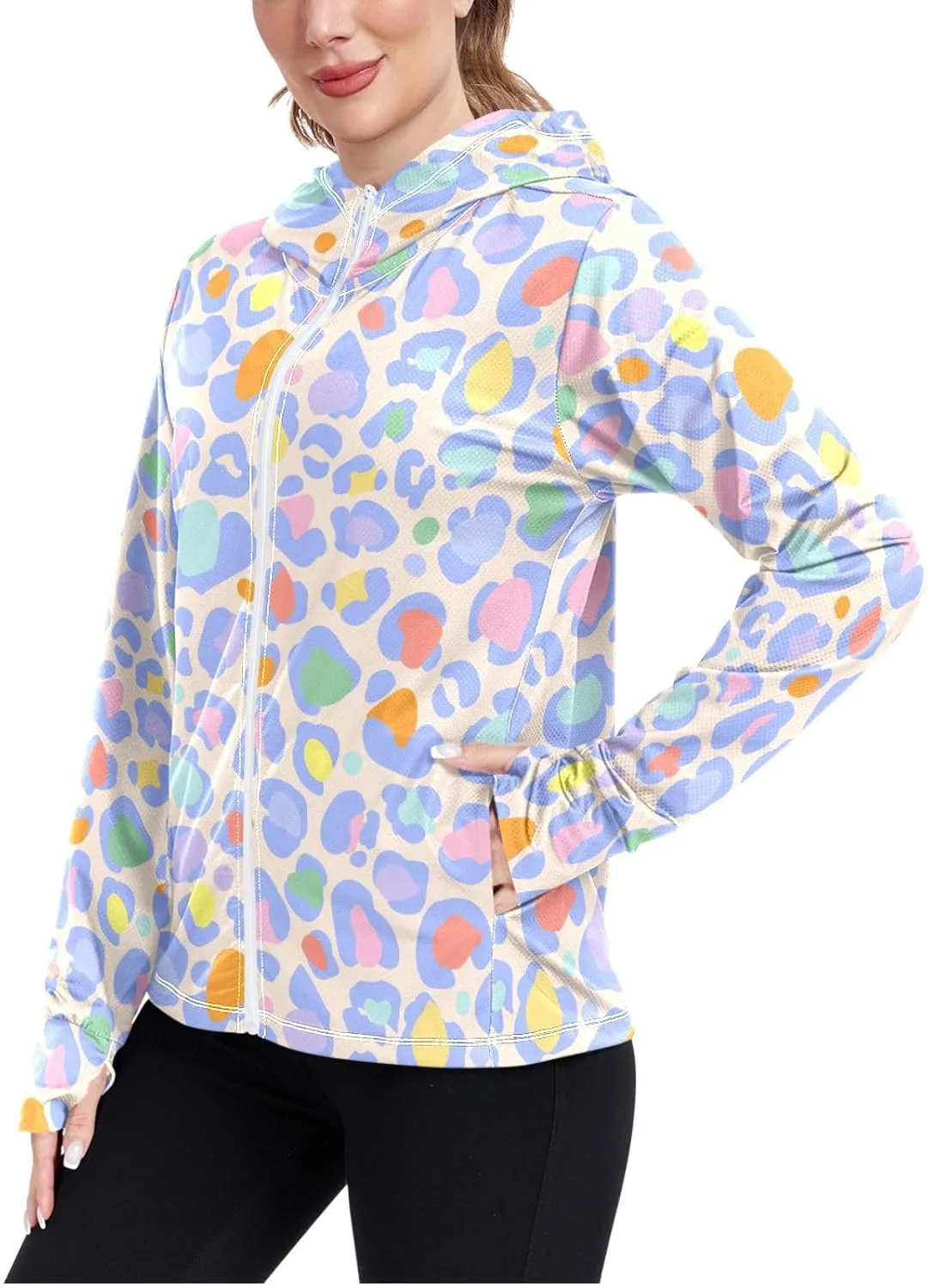 Women'S UPF 50  Uv Sun Protection Clothing Leopard Print Zipper Jacket Long-Sleeved Hoodie