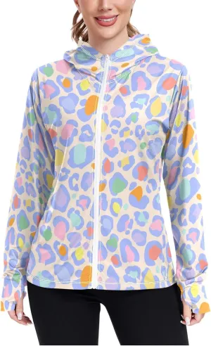 Women'S UPF 50  Uv Sun Protection Clothing Leopard Print Zipper Jacket Long-Sleeved Hoodie