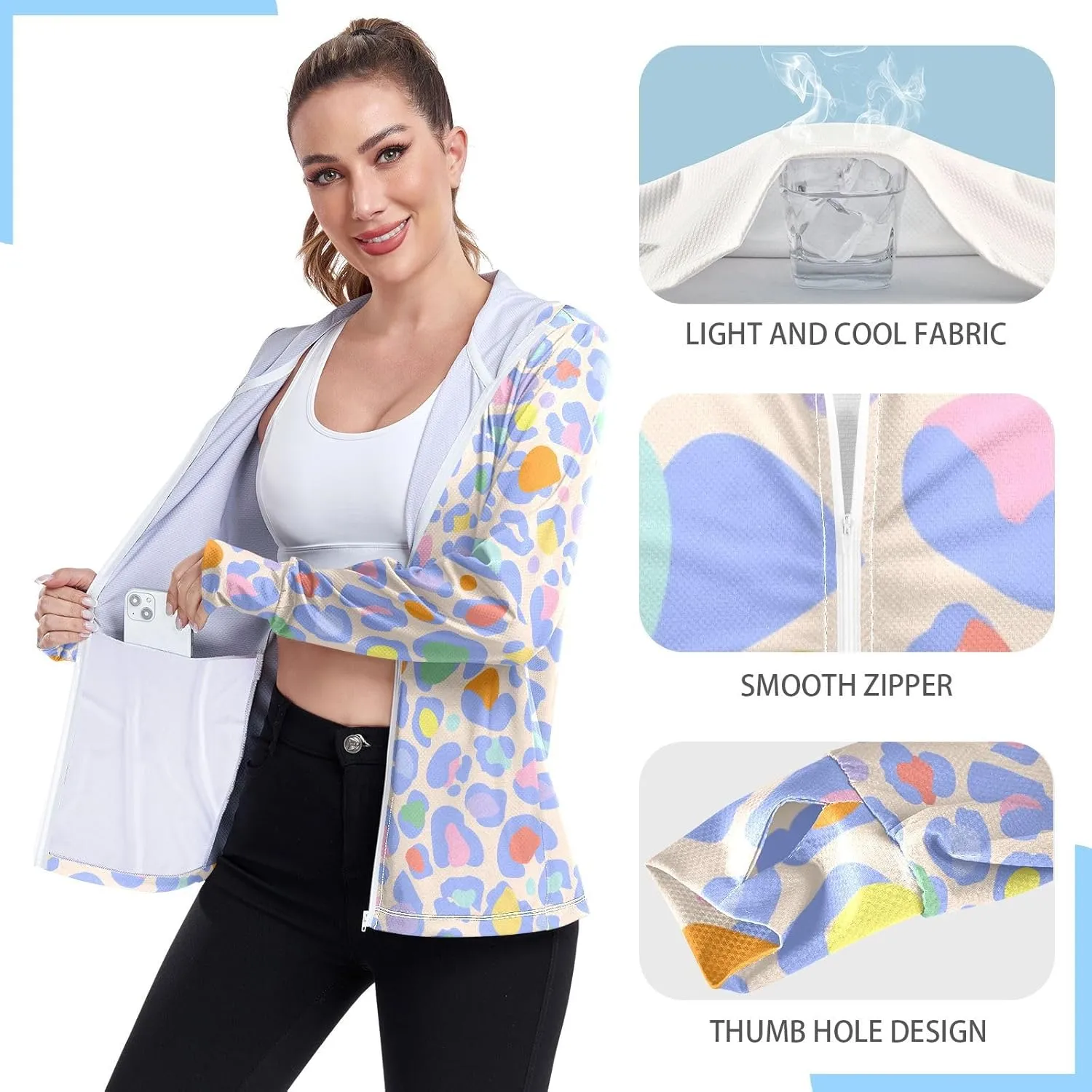 Women'S UPF 50  Uv Sun Protection Clothing Leopard Print Zipper Jacket Long-Sleeved Hoodie