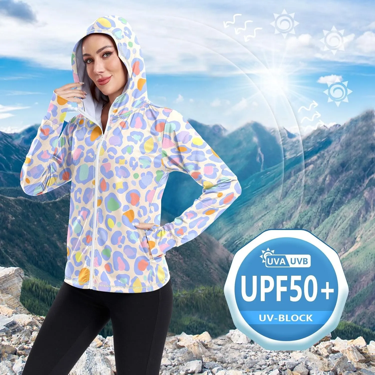 Women'S UPF 50  Uv Sun Protection Clothing Leopard Print Zipper Jacket Long-Sleeved Hoodie