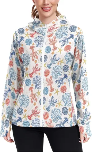 Women'S UPF 50  Uv Sun Protection Clothing Marine Lobster Zipper Jacket Long-Sleeved Hoodie