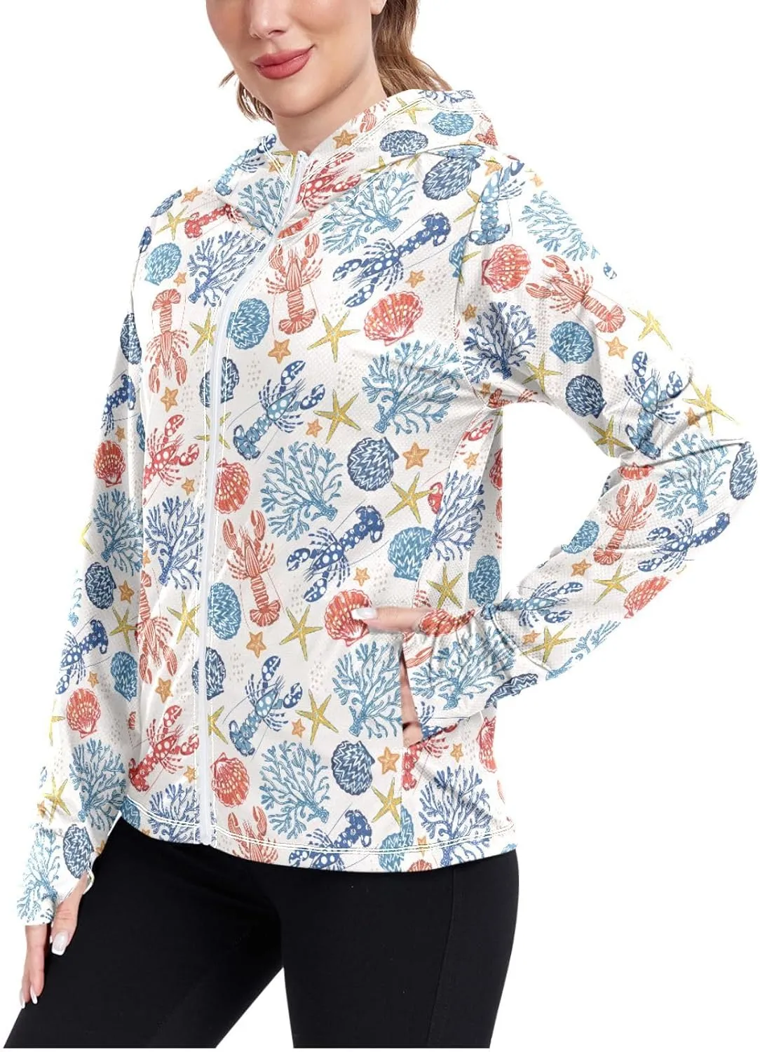 Women'S UPF 50  Uv Sun Protection Clothing Marine Lobster Zipper Jacket Long-Sleeved Hoodie