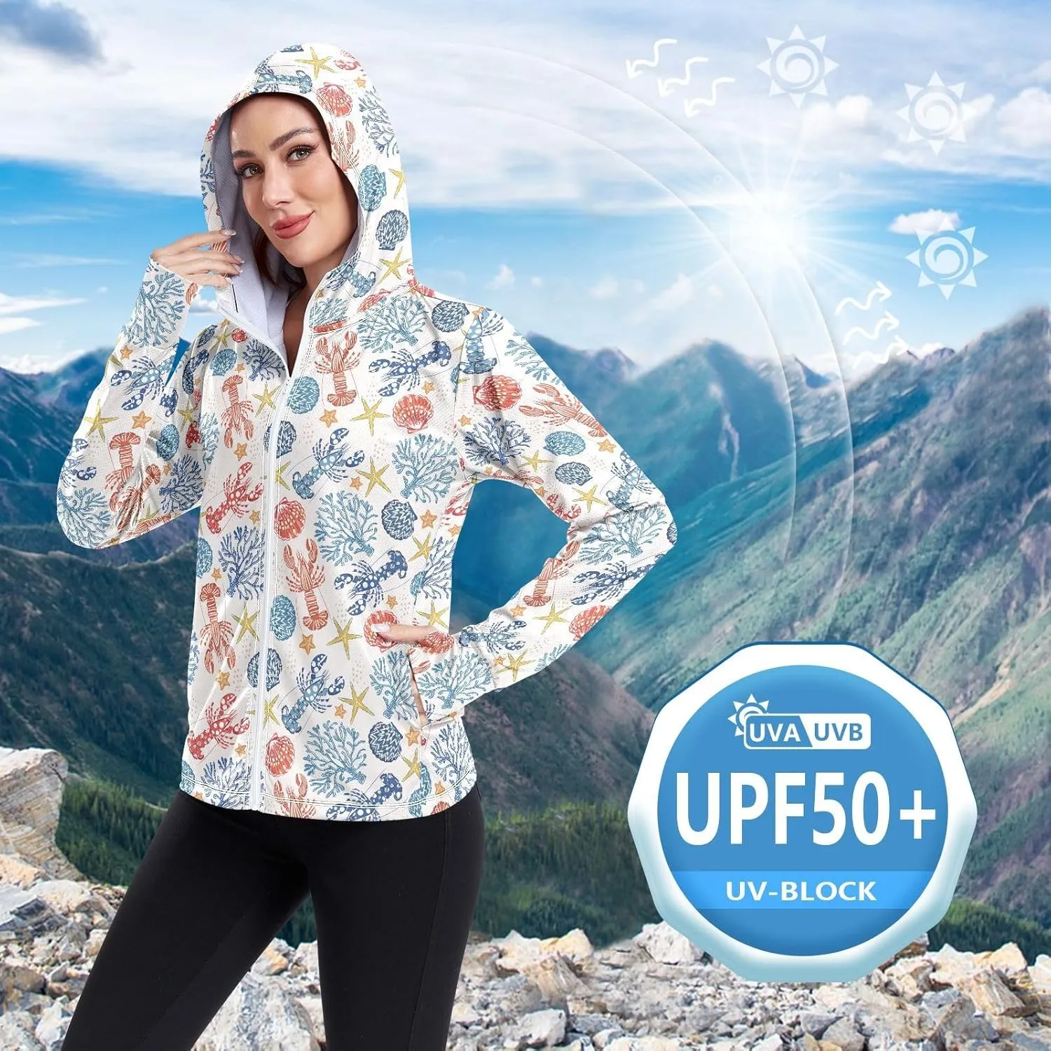 Women'S UPF 50  Uv Sun Protection Clothing Marine Lobster Zipper Jacket Long-Sleeved Hoodie