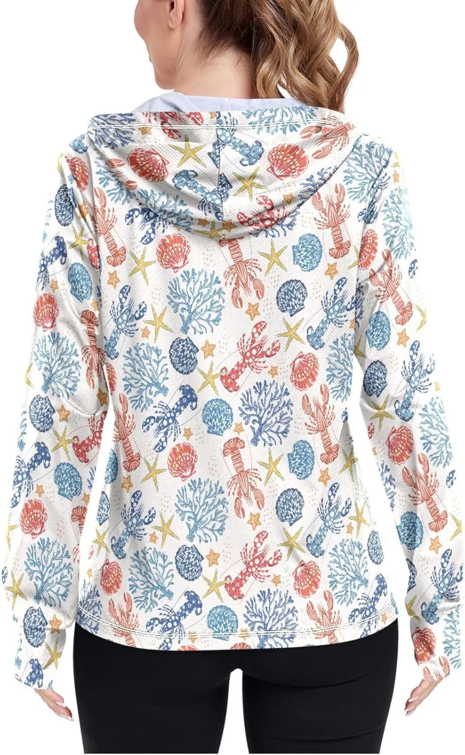 Women'S UPF 50  Uv Sun Protection Clothing Marine Lobster Zipper Jacket Long-Sleeved Hoodie
