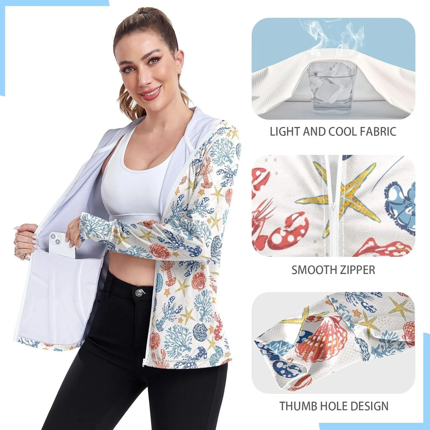 Women'S UPF 50  Uv Sun Protection Clothing Marine Lobster Zipper Jacket Long-Sleeved Hoodie