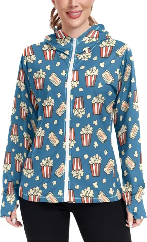 Women'S UPF 50  Uv Sun Protection Clothing Popcorn Zipper Jacket Long-Sleeved Hoodie