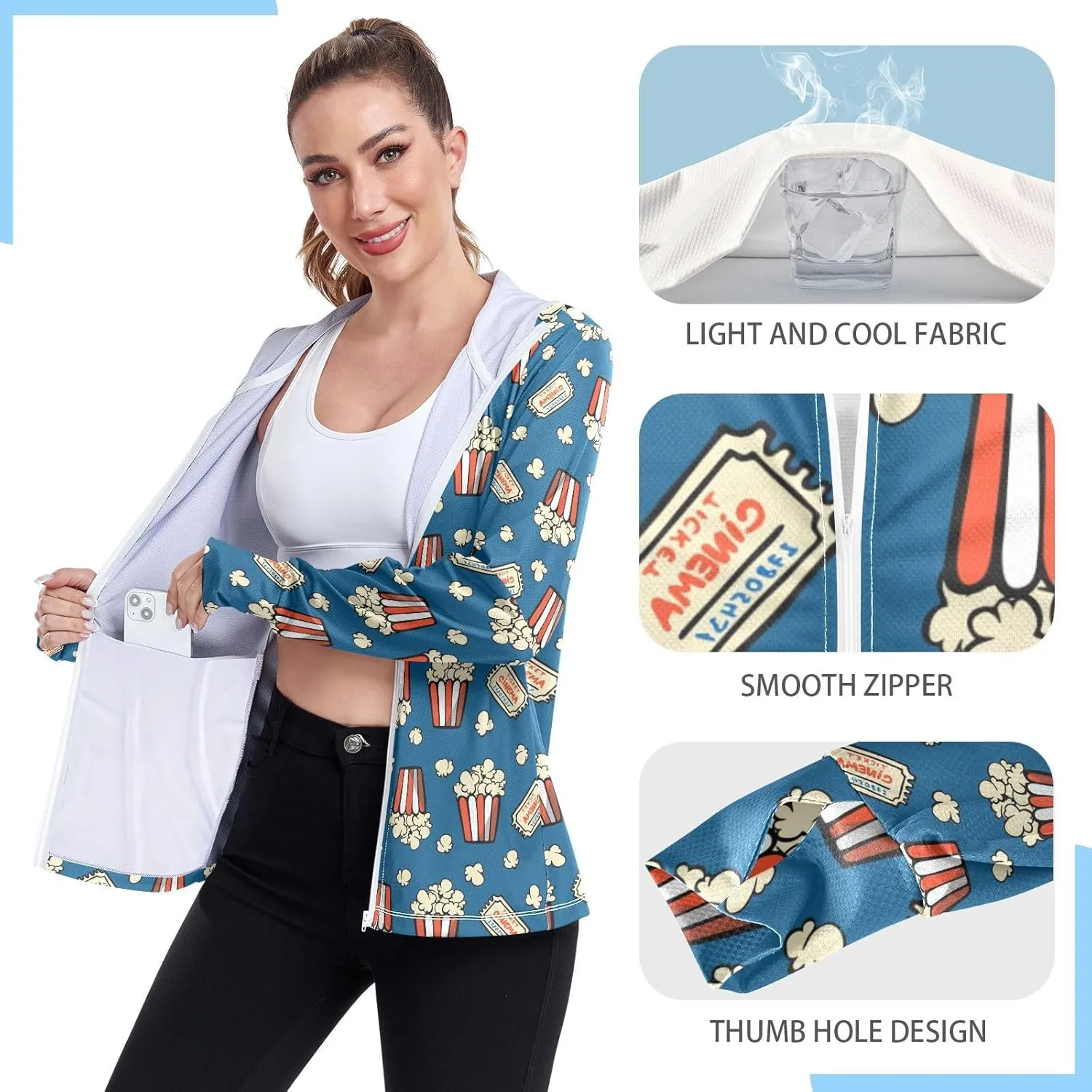 Women'S UPF 50  Uv Sun Protection Clothing Popcorn Zipper Jacket Long-Sleeved Hoodie