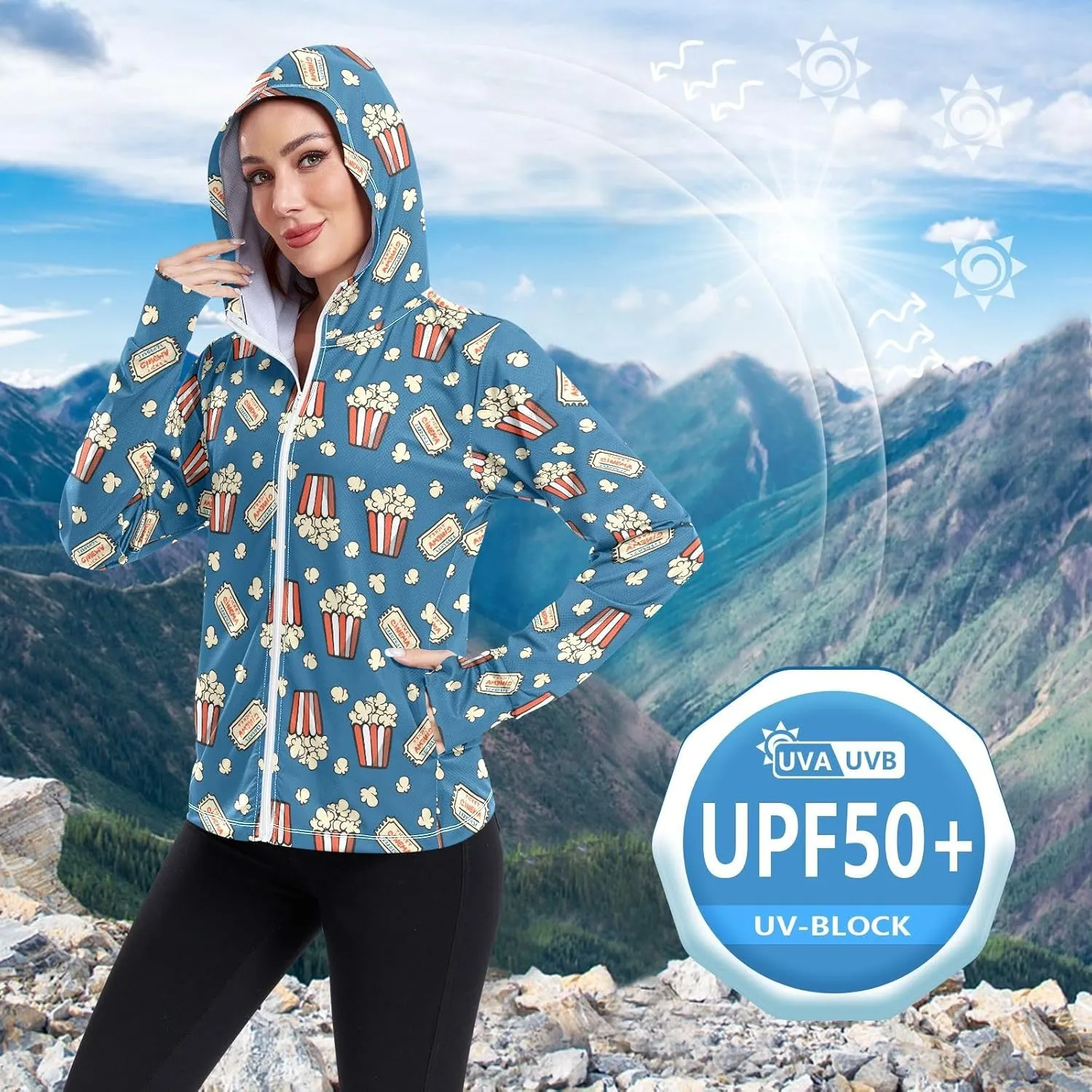 Women'S UPF 50  Uv Sun Protection Clothing Popcorn Zipper Jacket Long-Sleeved Hoodie