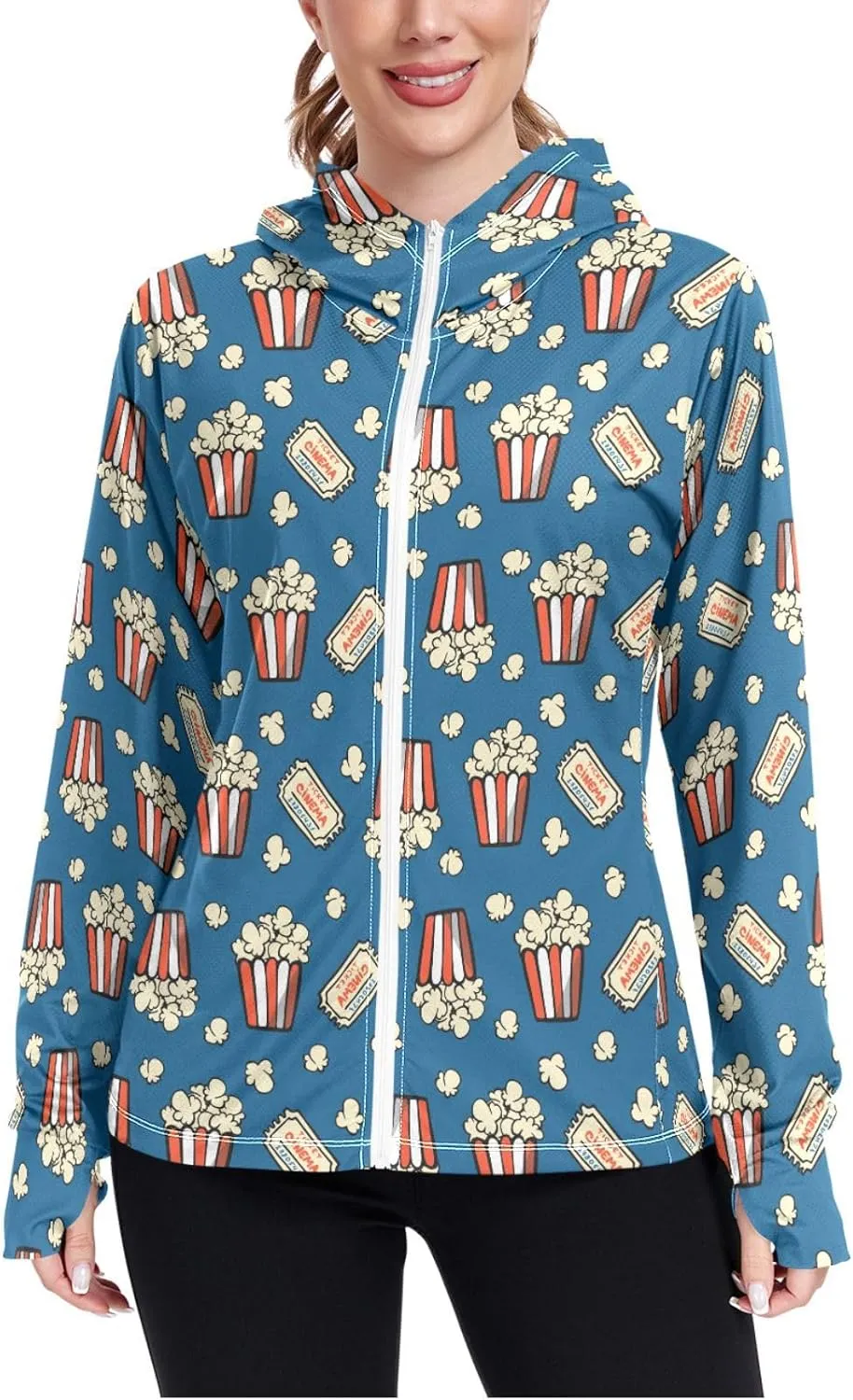 Women'S UPF 50  Uv Sun Protection Clothing Popcorn Zipper Jacket Long-Sleeved Hoodie
