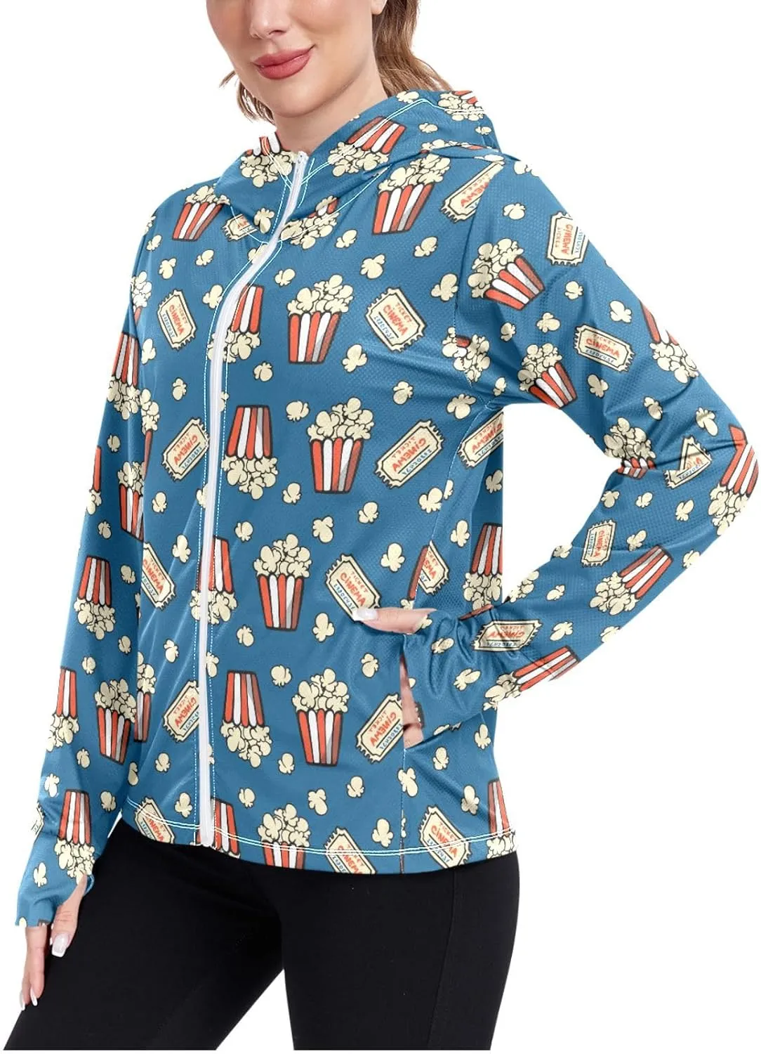 Women'S UPF 50  Uv Sun Protection Clothing Popcorn Zipper Jacket Long-Sleeved Hoodie