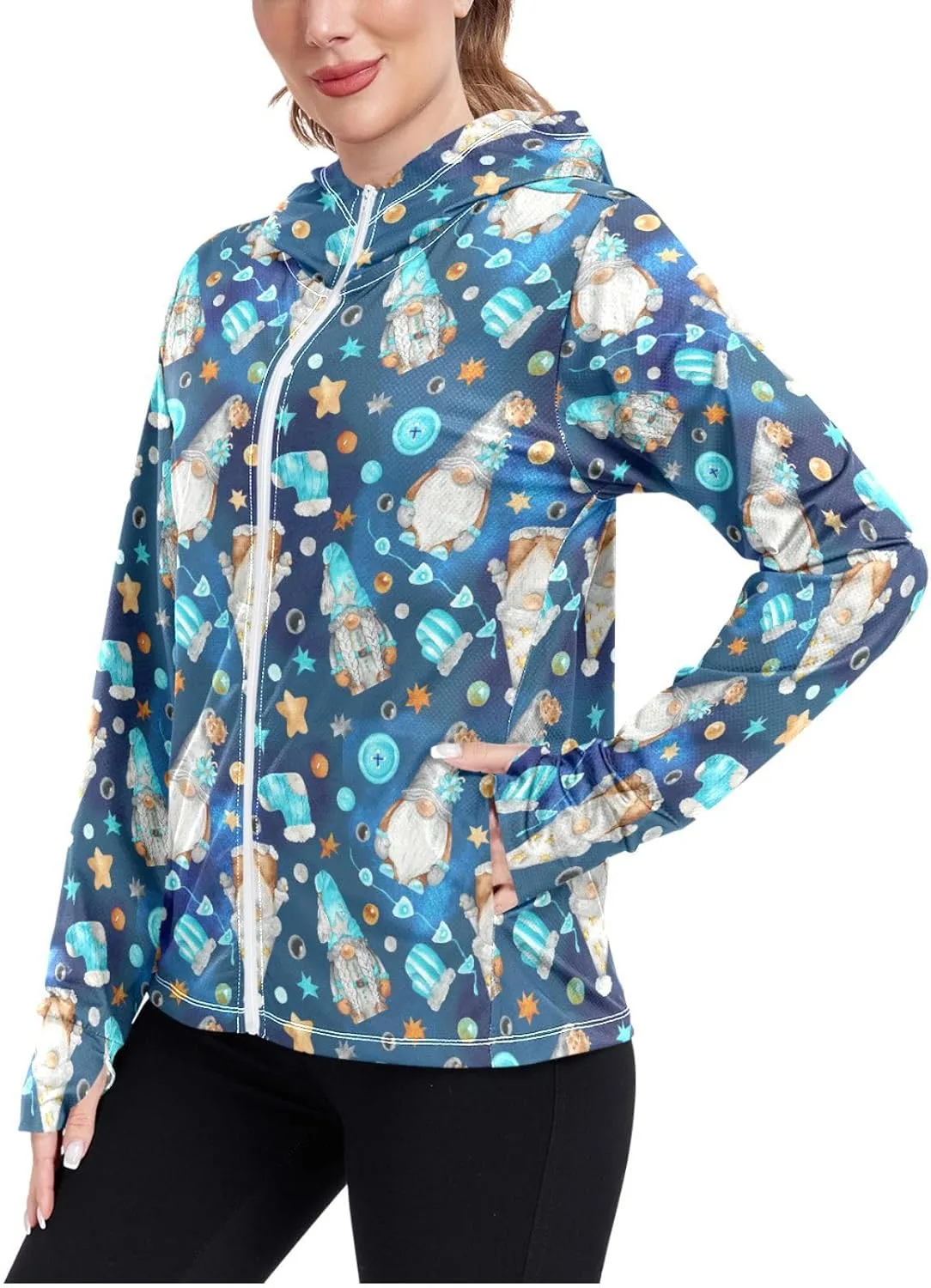 Women'S UPF 50  Uv Sun Protection Clothing Scandinavian Gnomes Zipper Jacket Long-Sleeved Hoodie