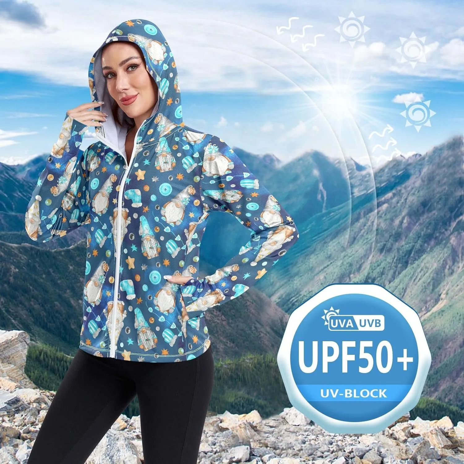 Women'S UPF 50  Uv Sun Protection Clothing Scandinavian Gnomes Zipper Jacket Long-Sleeved Hoodie