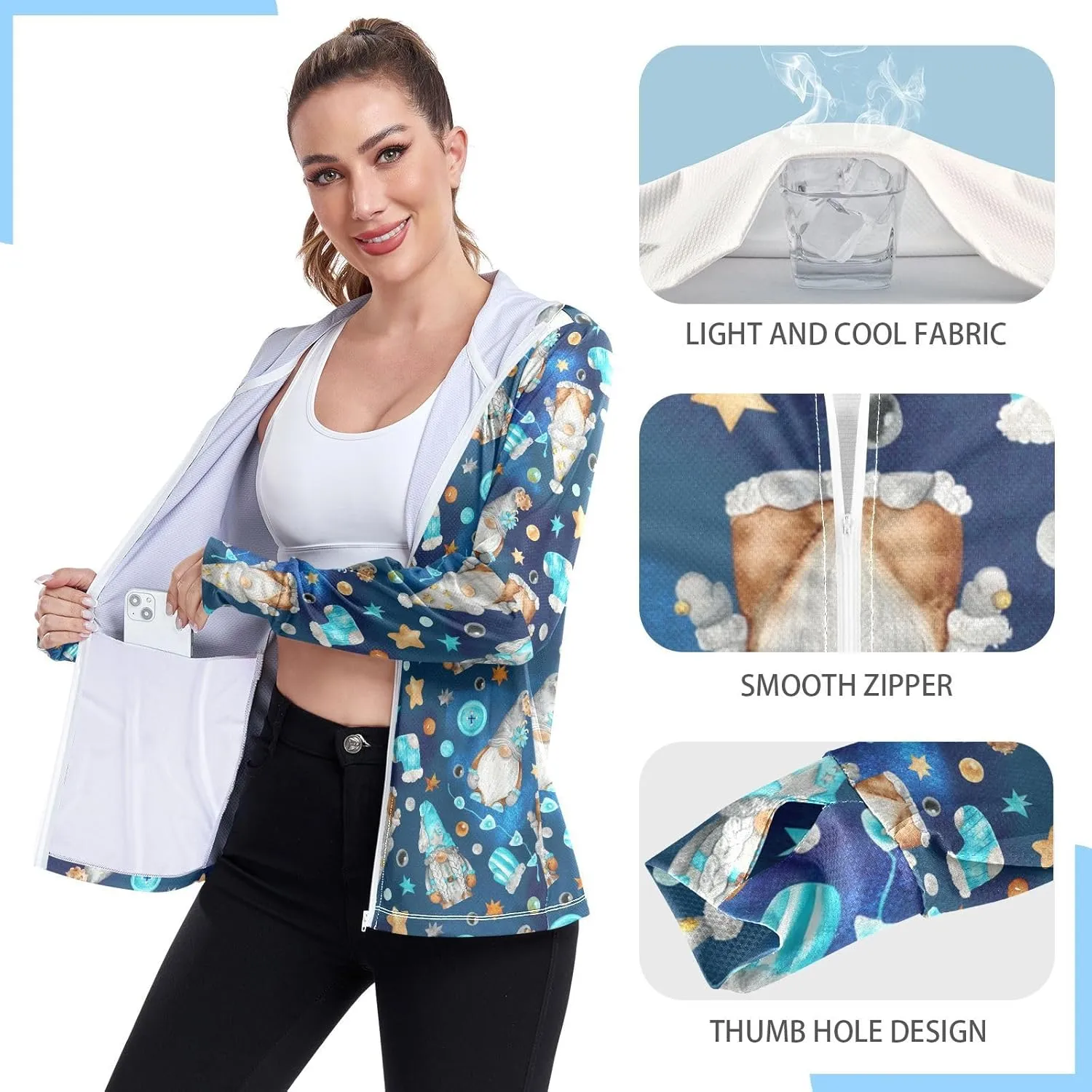 Women'S UPF 50  Uv Sun Protection Clothing Scandinavian Gnomes Zipper Jacket Long-Sleeved Hoodie
