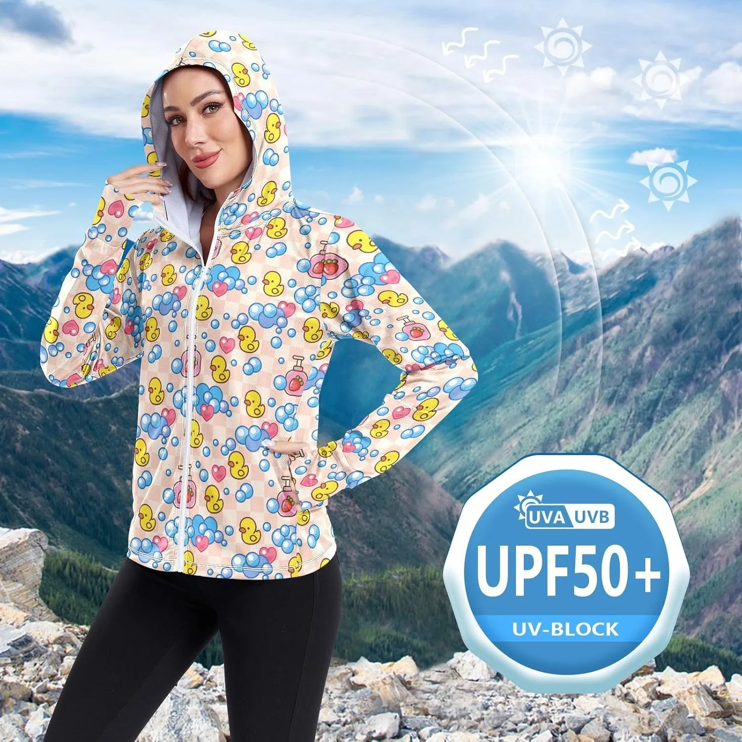 Women'S UPF 50  Uv Sun Protection Clothing Yellow Rubber Duck Zipper Jacket Long-Sleeved Hoodie