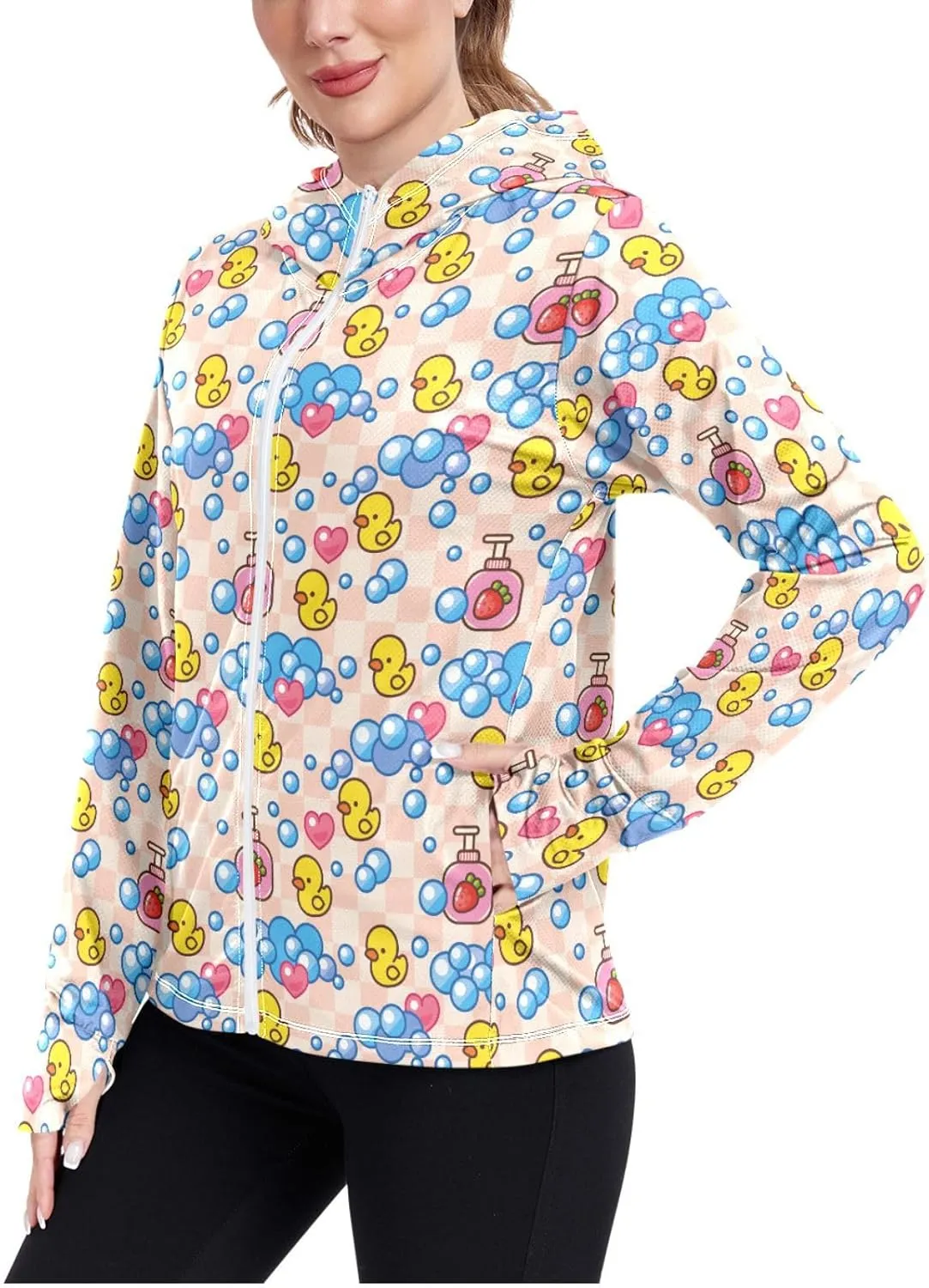 Women'S UPF 50  Uv Sun Protection Clothing Yellow Rubber Duck Zipper Jacket Long-Sleeved Hoodie