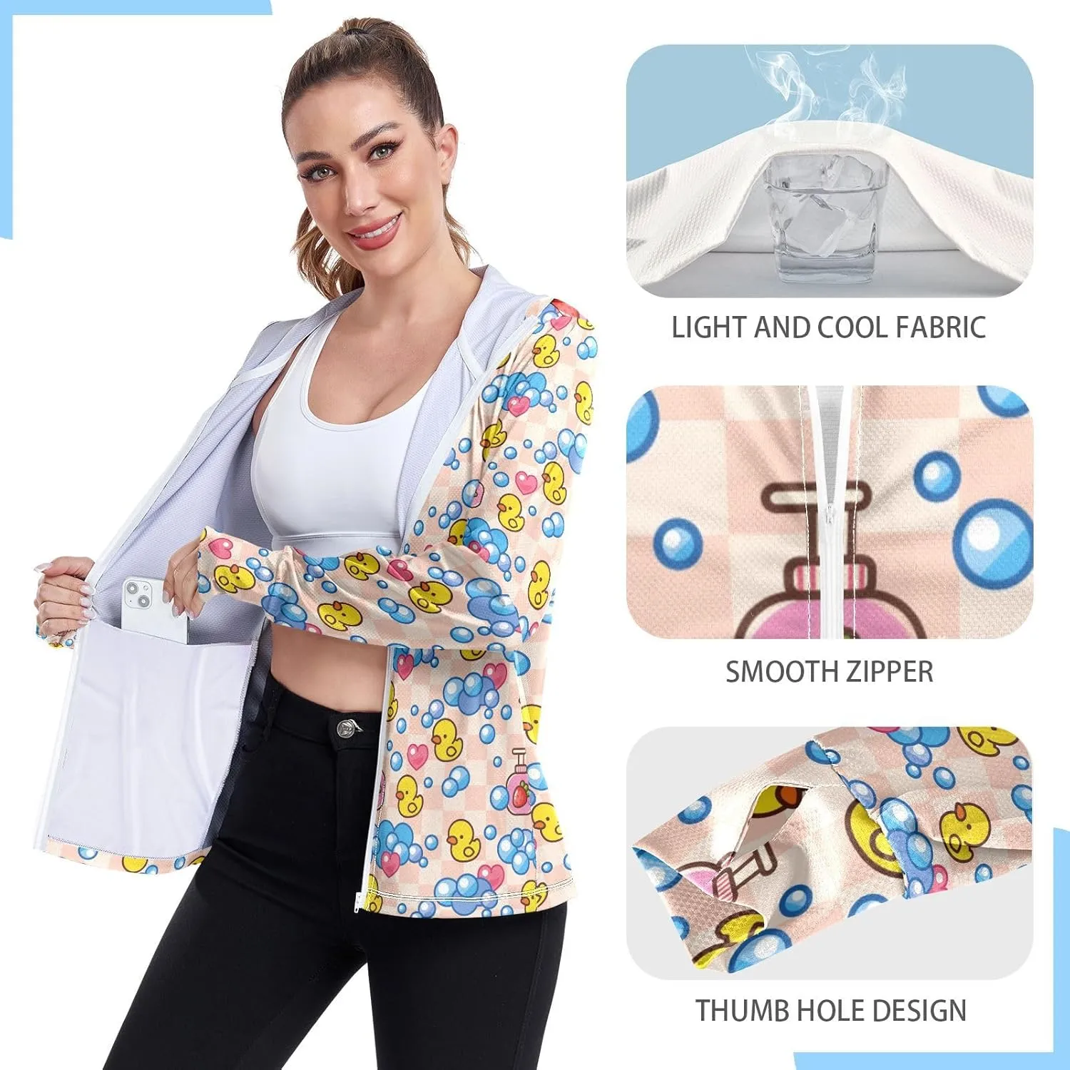 Women'S UPF 50  Uv Sun Protection Clothing Yellow Rubber Duck Zipper Jacket Long-Sleeved Hoodie