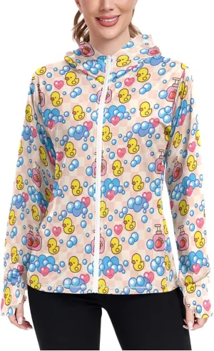 Women'S UPF 50  Uv Sun Protection Clothing Yellow Rubber Duck Zipper Jacket Long-Sleeved Hoodie