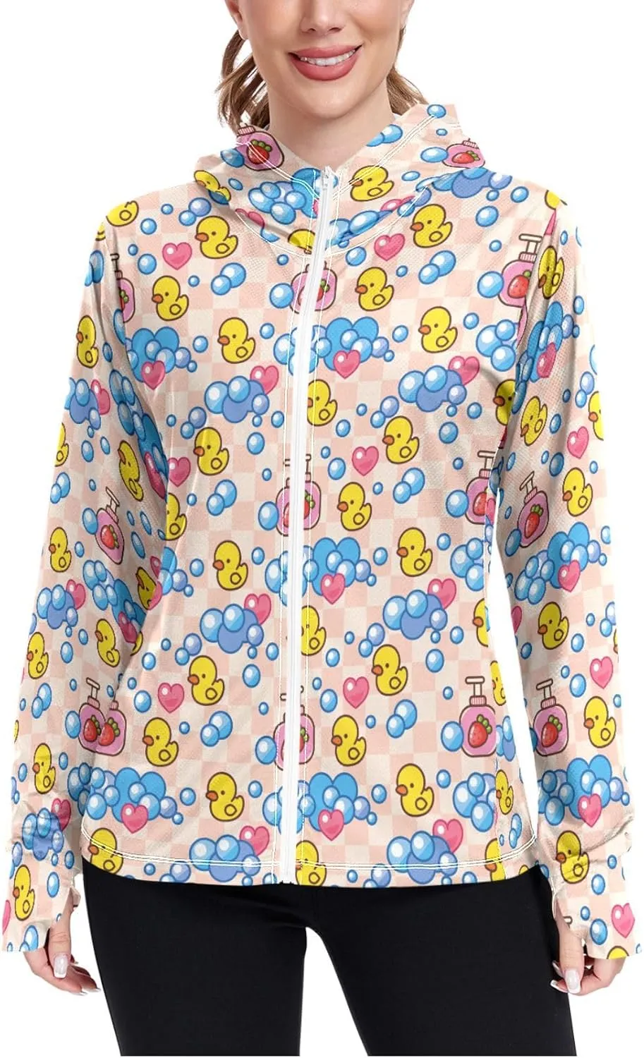 Women'S UPF 50  Uv Sun Protection Clothing Yellow Rubber Duck Zipper Jacket Long-Sleeved Hoodie