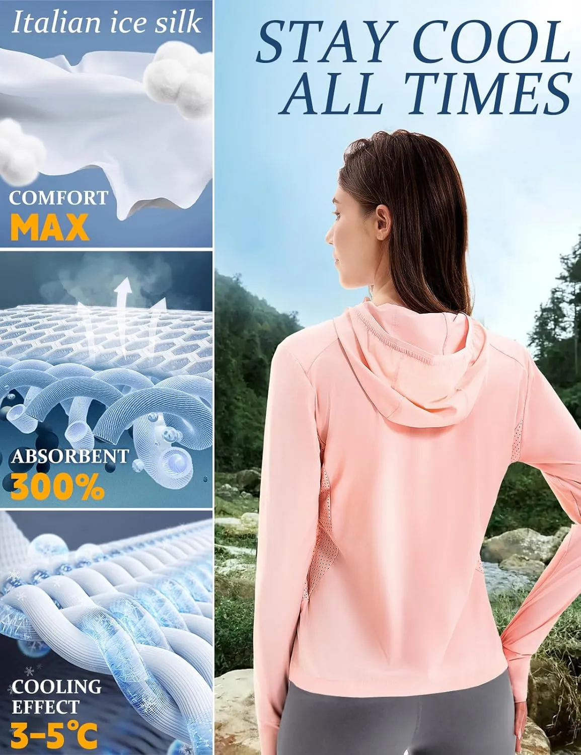 Women's UPF 50  UV Sun Protection Hoodie Breathable Cool Jackets Athletic Long Sleeve Shirts For Outdoor Hiking