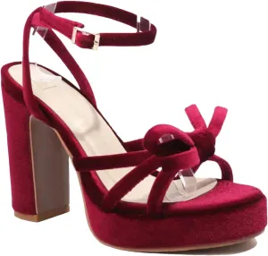 Women's Velvet Platform Sandals, Burgundy Ankle Wrap Thick Heel Party