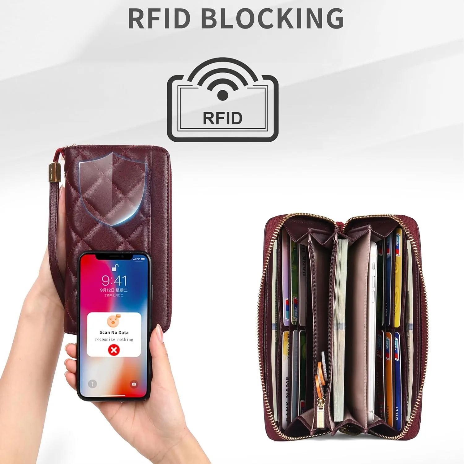 Women's Wallets Large Capacity RFID Blocking Multi Card Case Leather Clutch Wallet Mini Purse Ladies Credit Card Phone Holder Wristlet Wallet