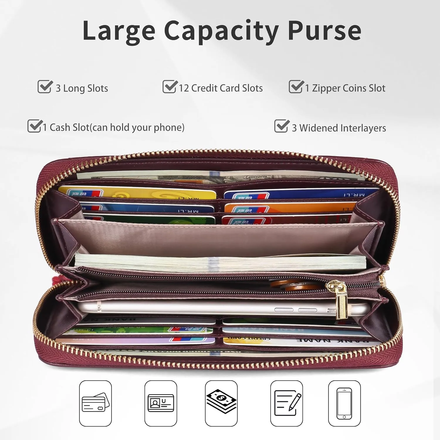 Women's Wallets Large Capacity RFID Blocking Multi Card Case Leather Clutch Wallet Mini Purse Ladies Credit Card Phone Holder Wristlet Wallet