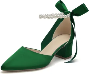 Women's White Wedding Shoes Block Heel Pearls Pointed Toe Chunky Bridal Pumps Prom Evening Shoes Sandals