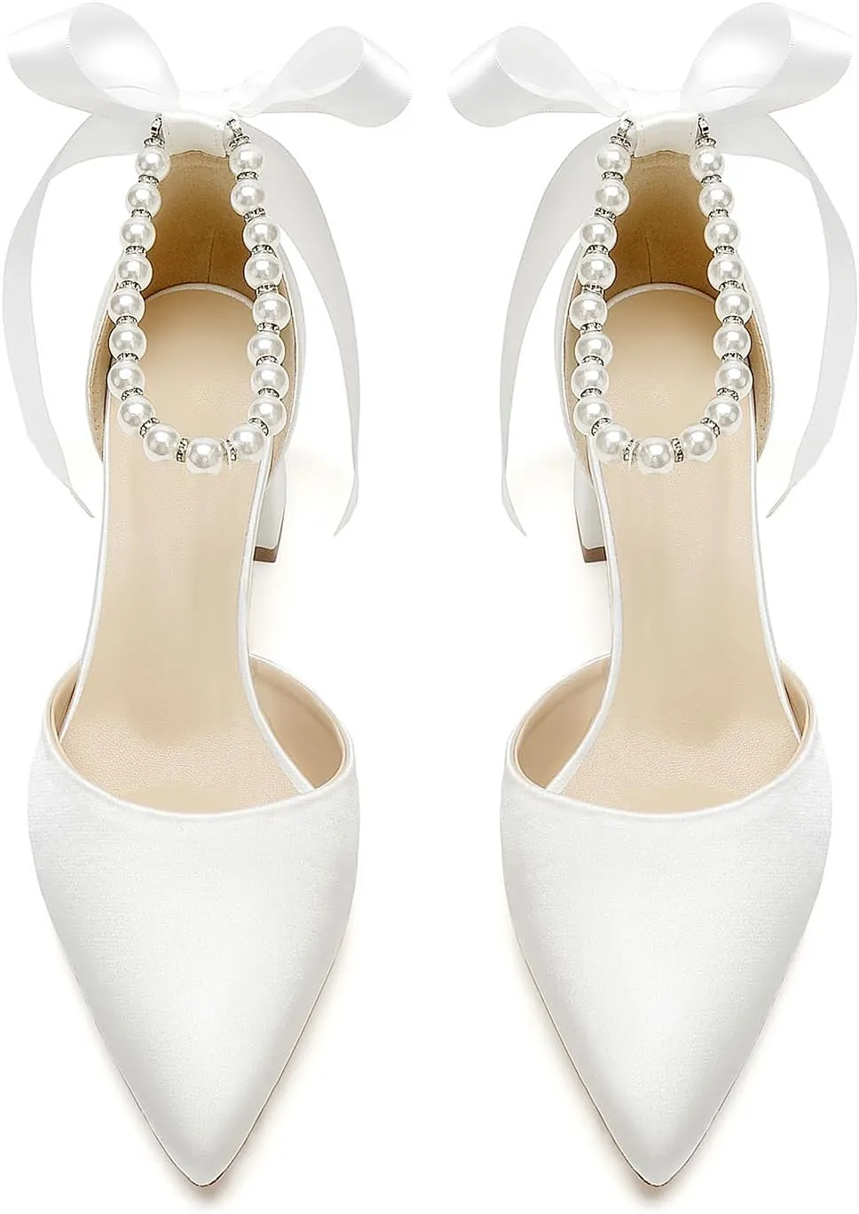 Women's White Wedding Shoes Block Heel Pearls Pointed Toe Chunky Bridal Pumps Prom Evening Shoes Sandals