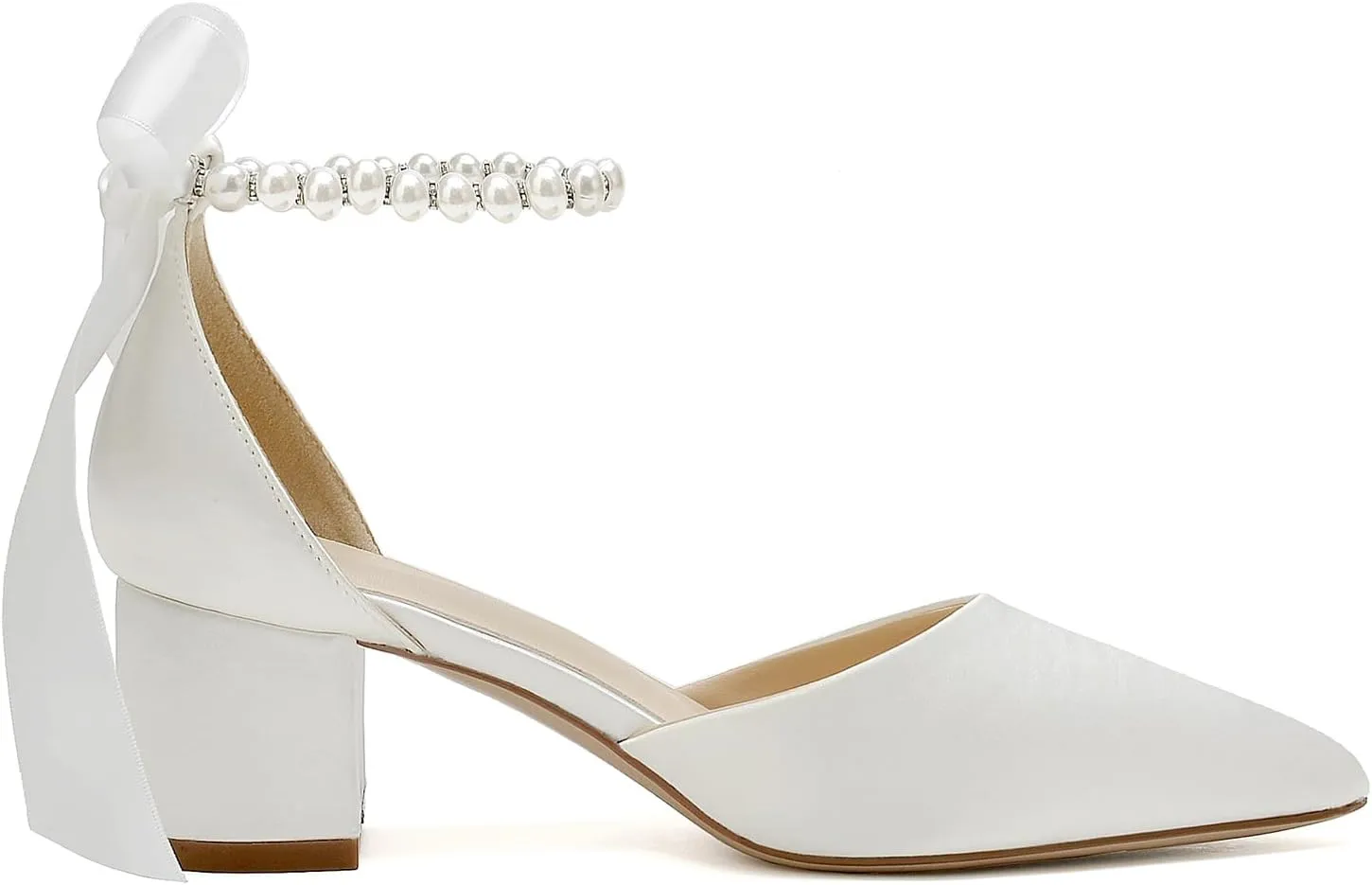 Women's White Wedding Shoes Block Heel Pearls Pointed Toe Chunky Bridal Pumps Prom Evening Shoes Sandals