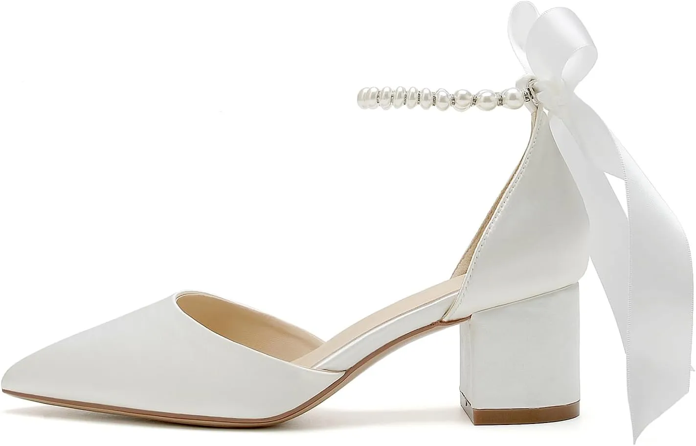 Women's White Wedding Shoes Block Heel Pearls Pointed Toe Chunky Bridal Pumps Prom Evening Shoes Sandals