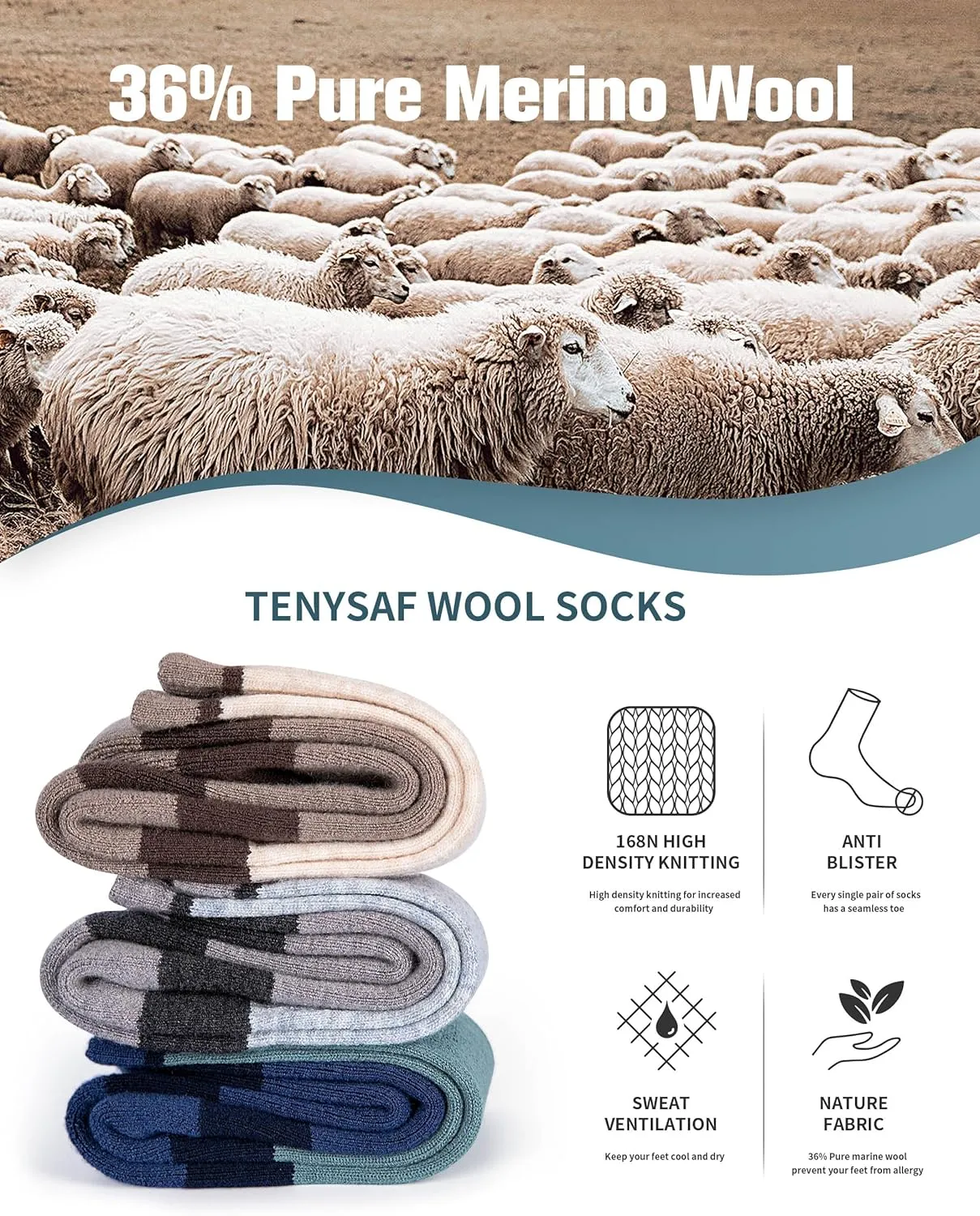 Wool Hiking Socks for Men - Women Lightweight Crew Merino Wool Socks with Cushion for Camping Hunting Work,4 pack