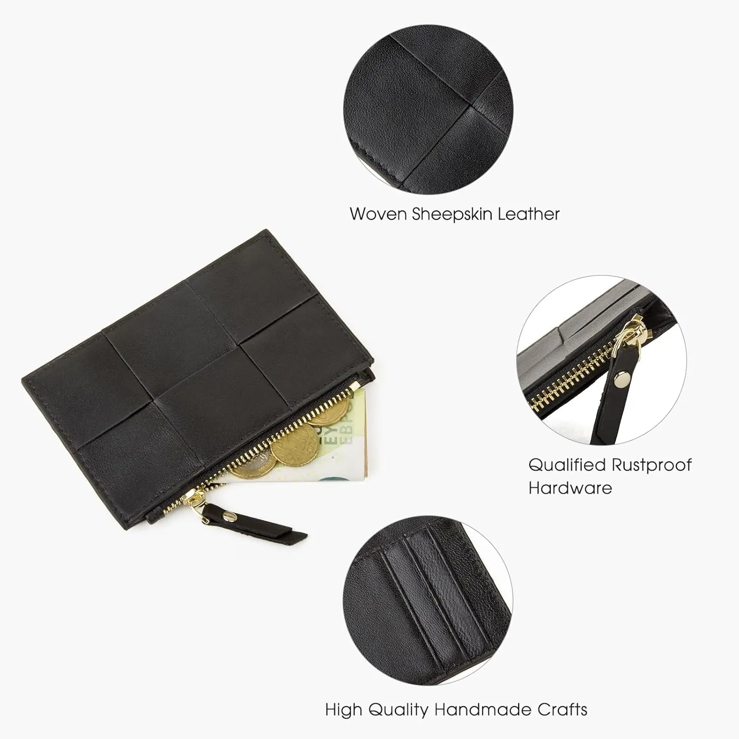 Woven Sheepskin leather Multi-Card Coin Purse, Chic Fashionable Card Holder and Small Card Wallet Woman (Black)