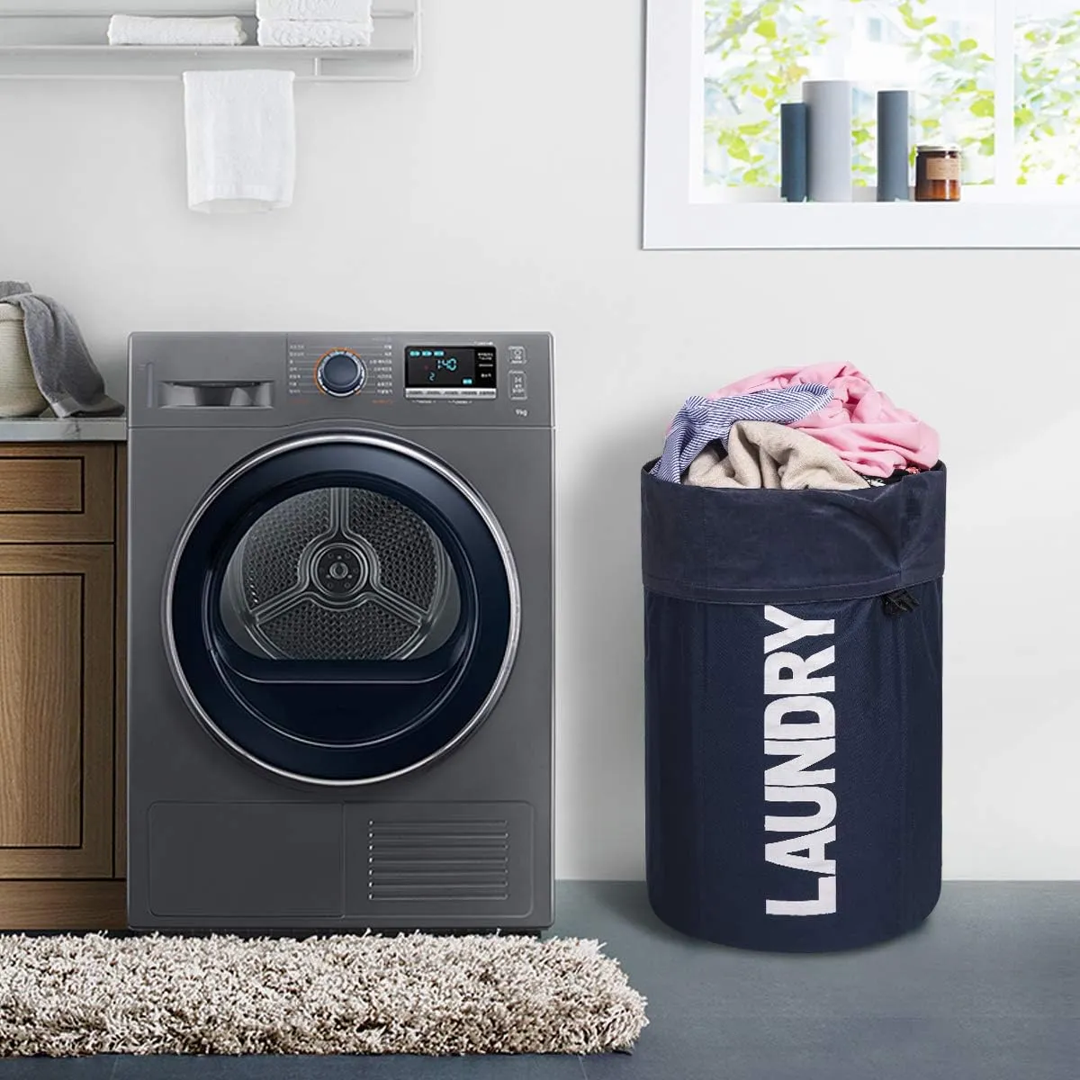 WOWLIVE Extra Large Foldable Laundry Bag Durable Laundry Basket Collapsible Laundry Hamper Backpack Laundry LinerDirty Clothes Hamper Standing Waterproof Hampers for Laundry Dorm Room(Dark blue)
