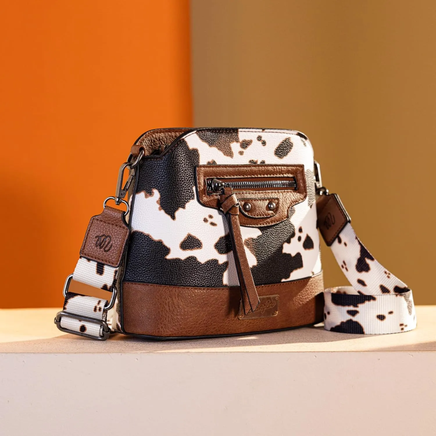 Wrangler Cow Print Crossbody Bag for Women Western Cross Body Purse with Signature Strap