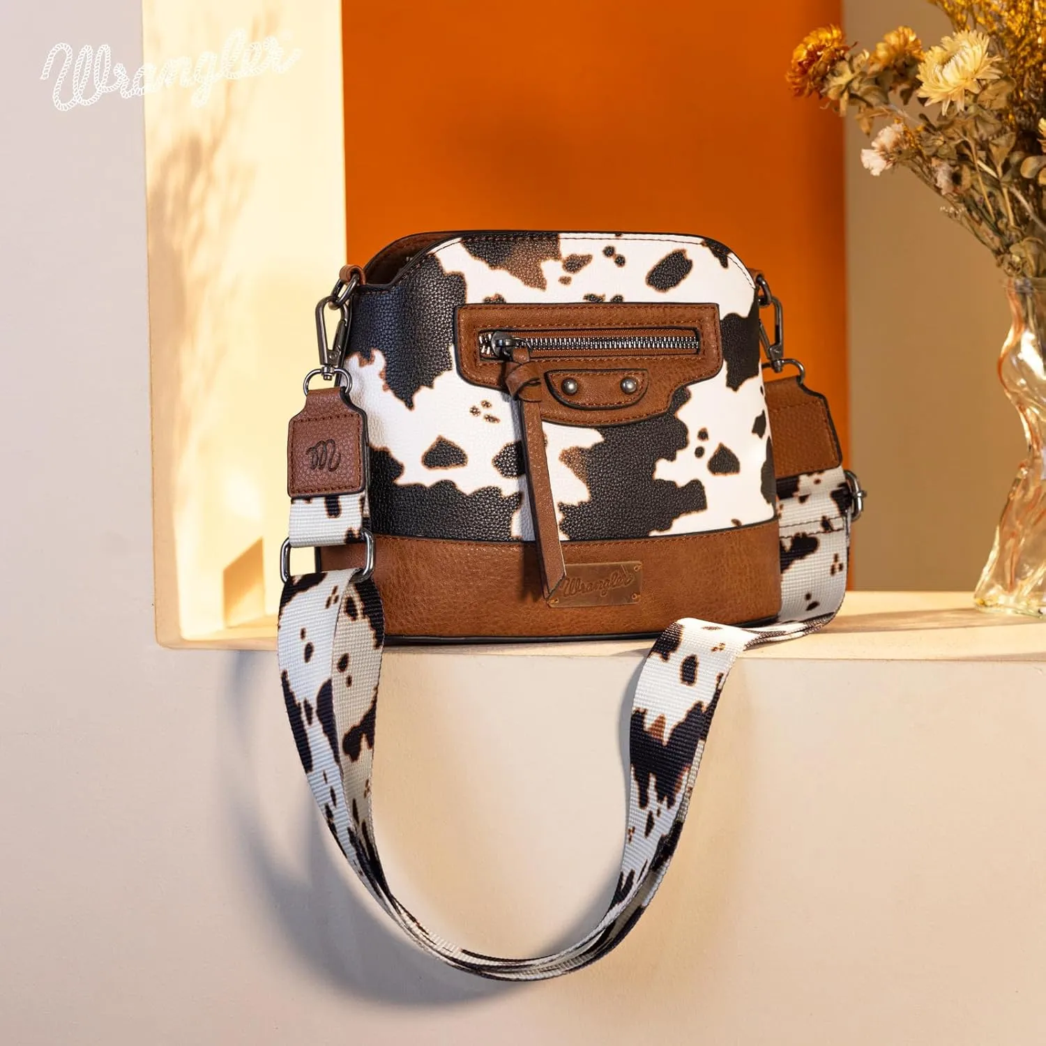 Wrangler Cow Print Crossbody Bag for Women Western Cross Body Purse with Signature Strap