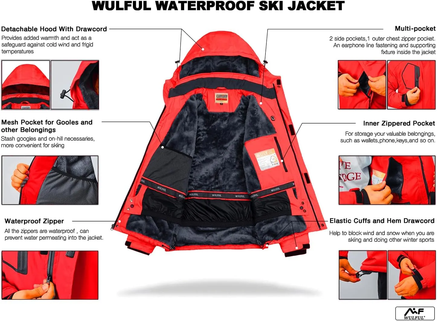 WULFUL Men's Waterproof Ski Jacket Warm Winter Snow Coat Mountain Windbreaker