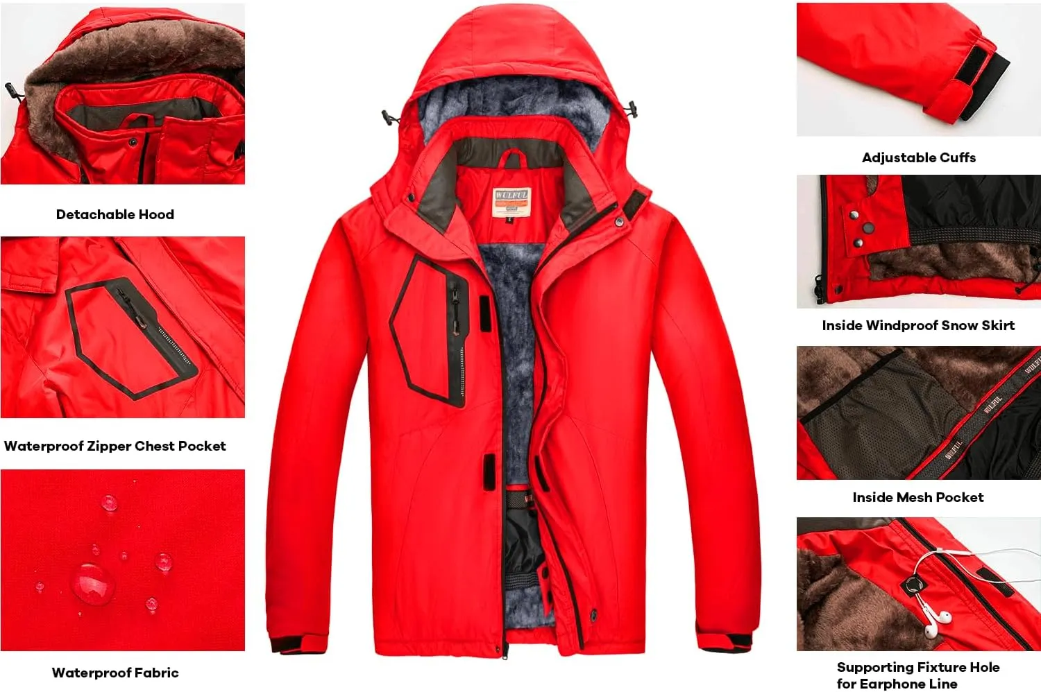 WULFUL Men's Waterproof Ski Jacket Warm Winter Snow Coat Mountain Windbreaker