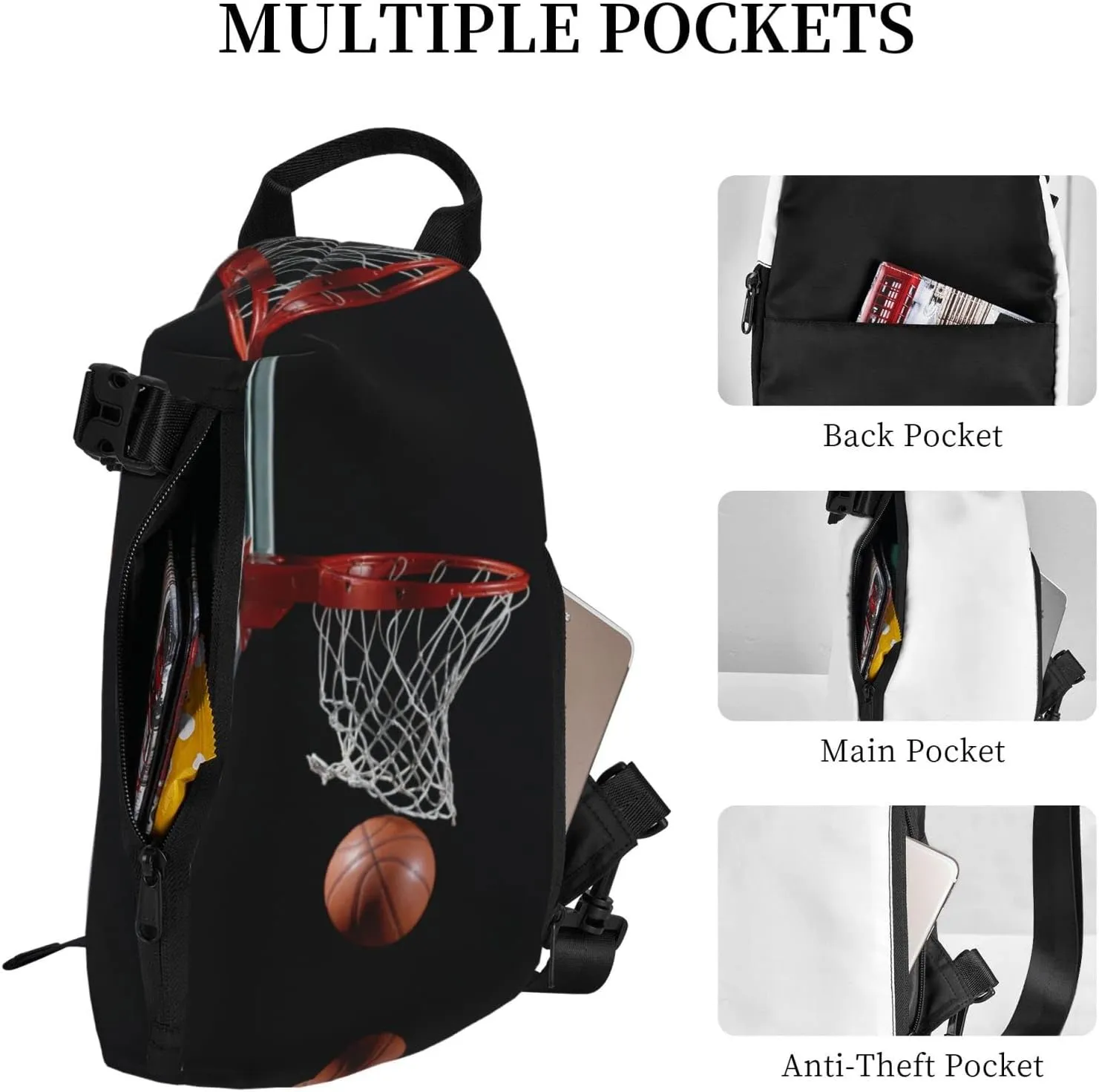 Wurton Basketball Print Travel Crossbody Backpack Bag,Lightweight Sling Bag For Travel Unisex