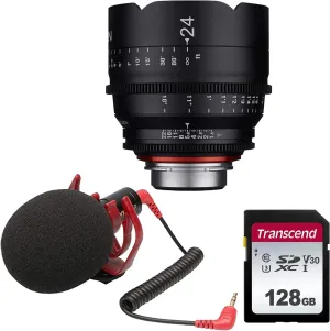 XEEN by ROKINON 24mm T1.5 Professional Cine Lens for Canon EF Mount   Rode VideoMicro Compact On-Camera Microphone with Shock Mount and Furry Windshield   128GB High Speed Memory Card