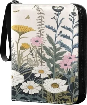 xigua Colorful Herbal Wildflower Card Binder 4-Pockets, Trading Card Binder 400 Pockets Baseball Card Binder Waterproof PU Leather Card Collection Binder for Games Card Album Card