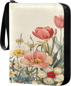 xigua Colorful Herbal Wildflower Card Binder 4-Pockets, Trading Card Binder 400 Pockets Baseball Card Binder Waterproof PU Leather Card Collection Binder for Games Card Album Card