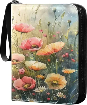 xigua Colorful Herbal Wildflower Card Binder 4-Pockets, Trading Card Binder 400 Pockets Baseball Card Binder Waterproof PU Leather Card Collection Binder for Games Card Album Card