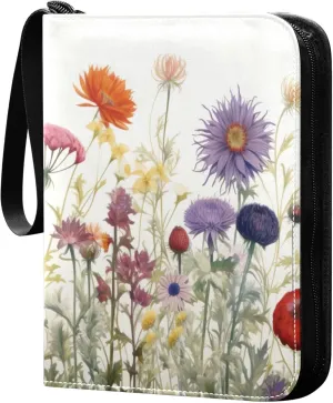 xigua Colorful Herbal Wildflower Card Binder 4-Pockets, Trading Card Binder 400 Pockets Baseball Card Binder Waterproof PU Leather Card Collection Binder for Games Card Album Card